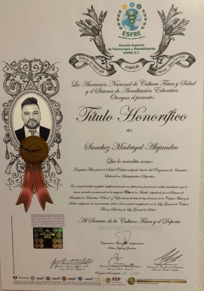 Certificado de Alejandro Sánchez como Fisioterapeuta y Quiropráctico especializado en CDMX